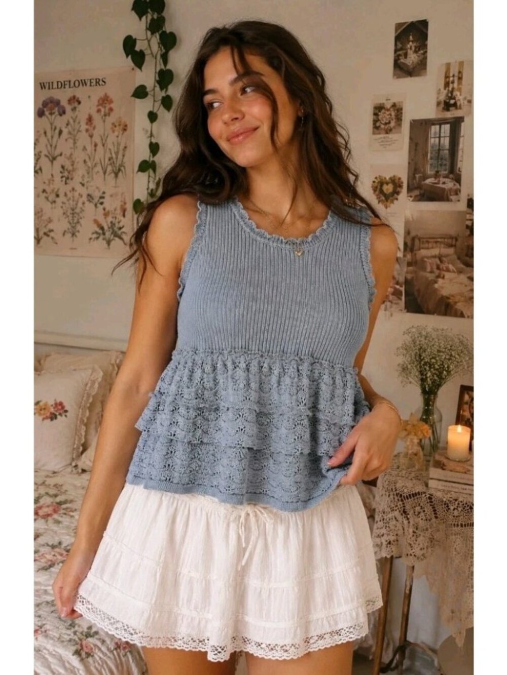 Vintage Ruffle Hem Sweater Pull Over Sleeveless Tiered Coquette Size L Blue
